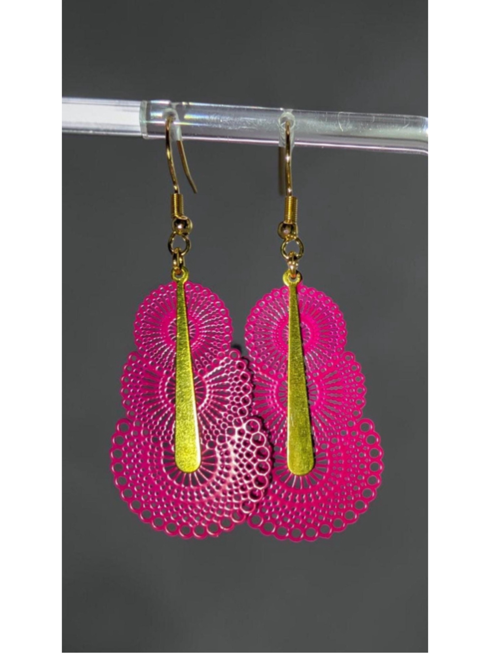 Hot Pink Filigree and Gold Tone Earrings, Lightweight Statement Dangle Earrings